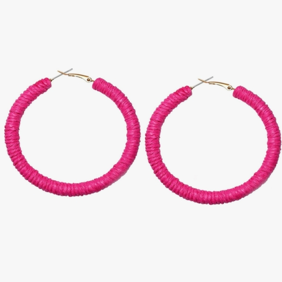Fuchsia Pink Wicker Rattan Hoops Oversized Statement Earrings Big Bohemian Hoop - Picture 3 of 6